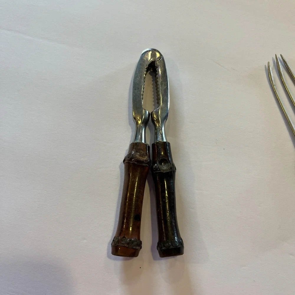 Vintage Stainless Steel Wooden Handle Nut Cracker Set
